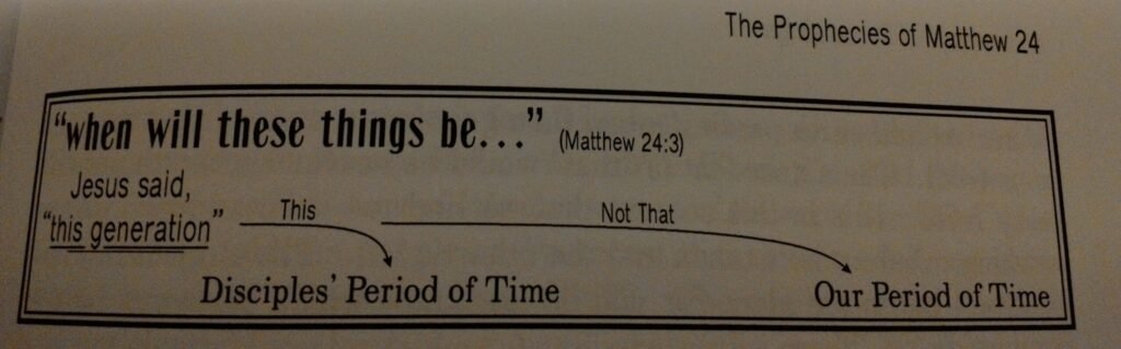 "when will these things be..." (Matthew 24:3). Jesus said, "this generation". This -> Disciples' Period of Time. Not That -> Our Period of Time.